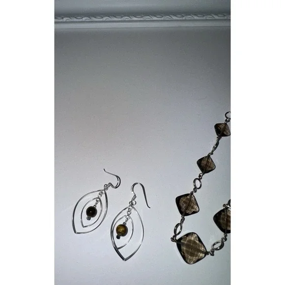 Smoky Quartz Sterling Silver Necklace Earrings  Jewelry Tigers Eye .925 - Picture 3 of 5